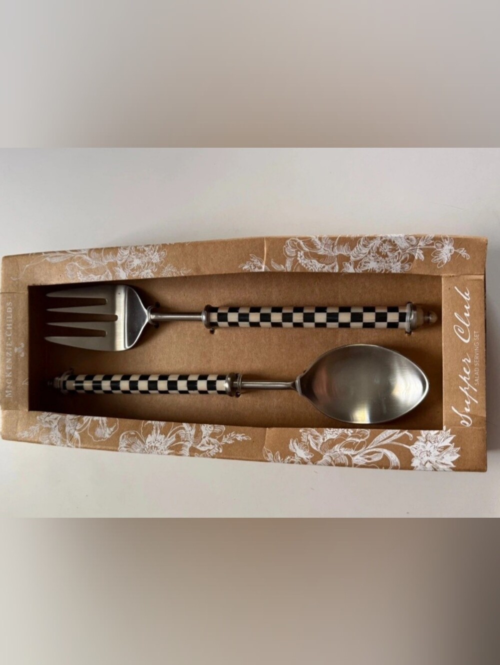 Mackenzie-Childs Black & White Checkered Serving Spoon and Fork Set